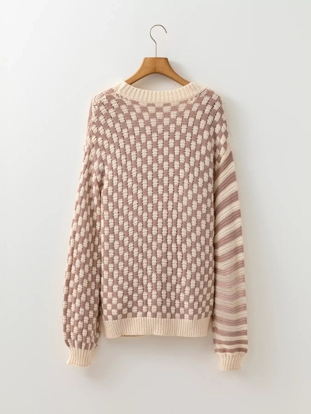 Checkerboard & Striped Pattern Knit Sweater