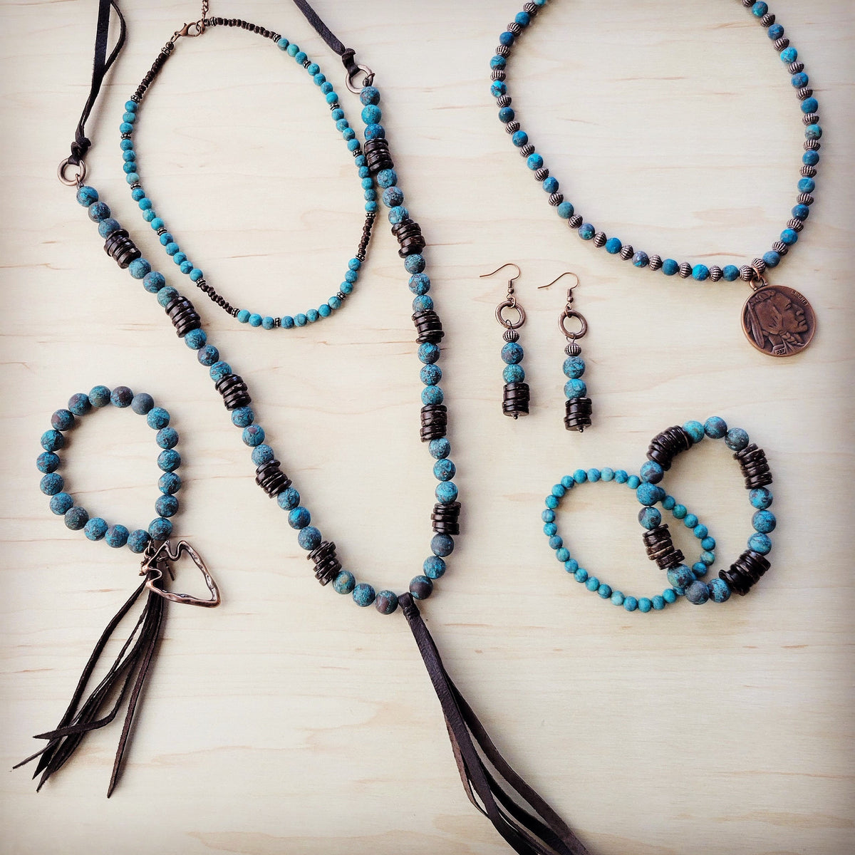 **Natural American Turquoise Necklace w/ Wood Beads & Tassel 262i
