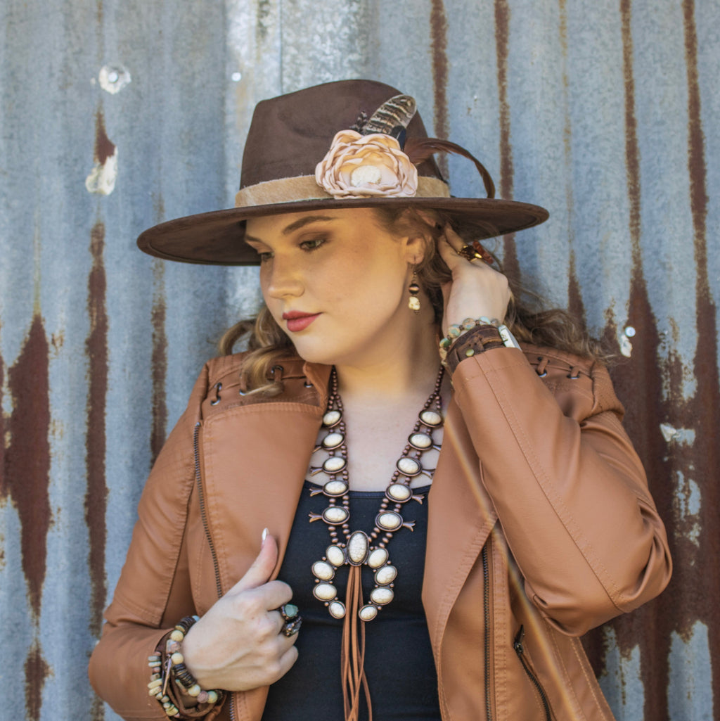**Leather Hat Band w/ Silk Flower & Feathers-Blush (Band Only) 953a