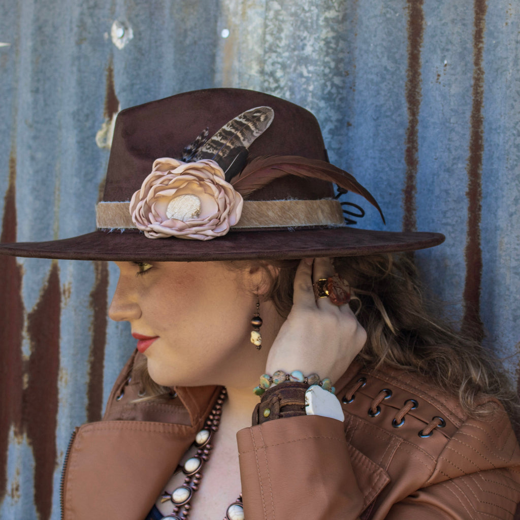 **Leather Hat Band w/ Silk Flower & Feathers-Blush (Band Only) 953a