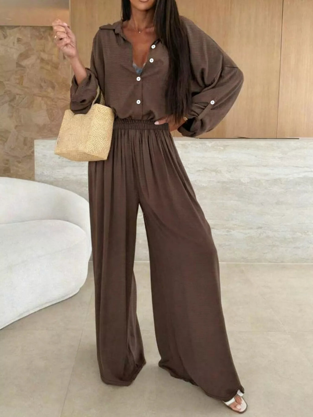 Long Sleeve Shirt and Wide Leg Pants Set