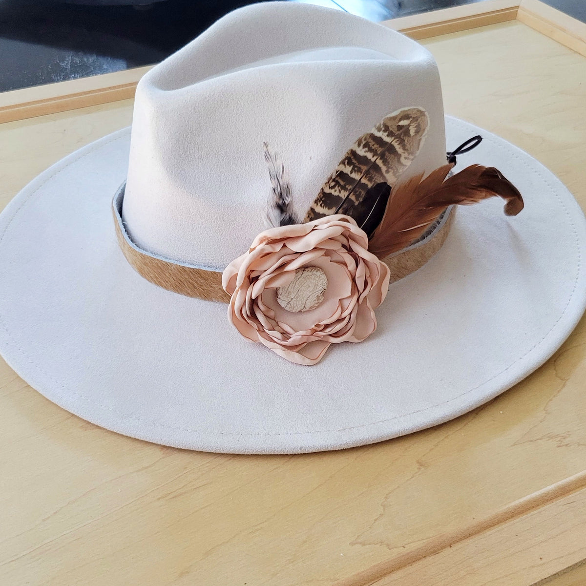 **Leather Hat Band w/ Silk Flower & Feathers-Blush (Band Only) 953a