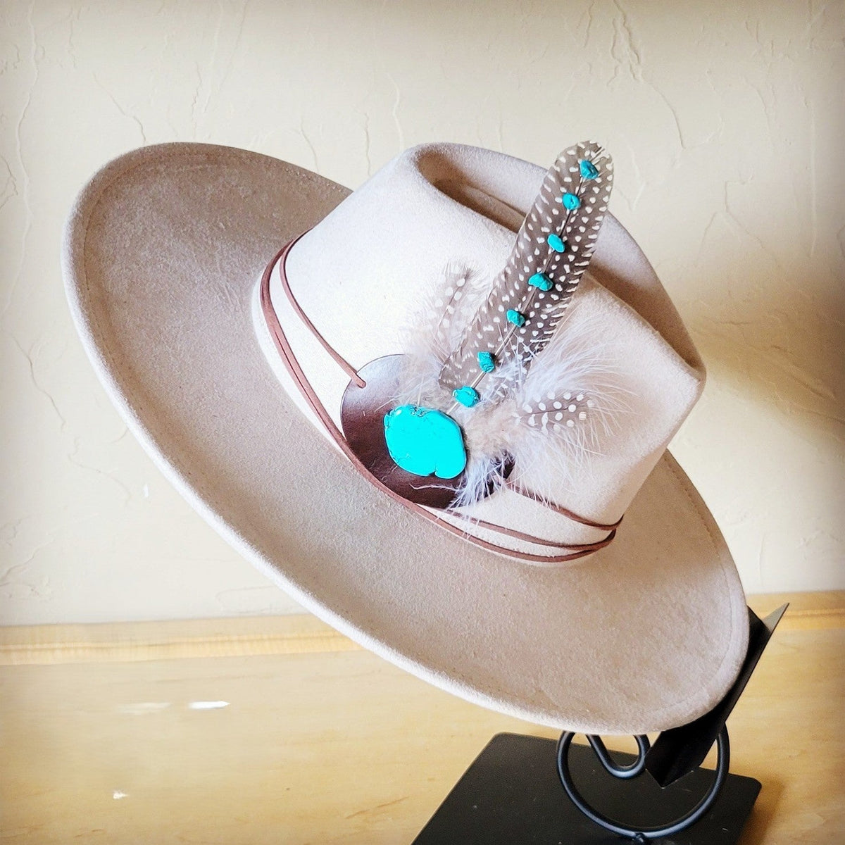 Turquoise Accent Guinea Feather Hat Band + Choice of Hat 986i