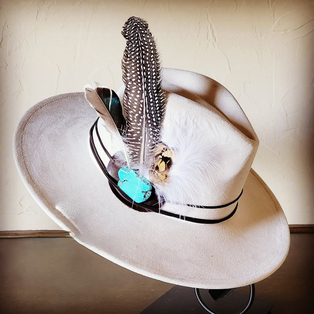 Guinea Marabou Feather Turquoise Slab Band on Black Hat 985y