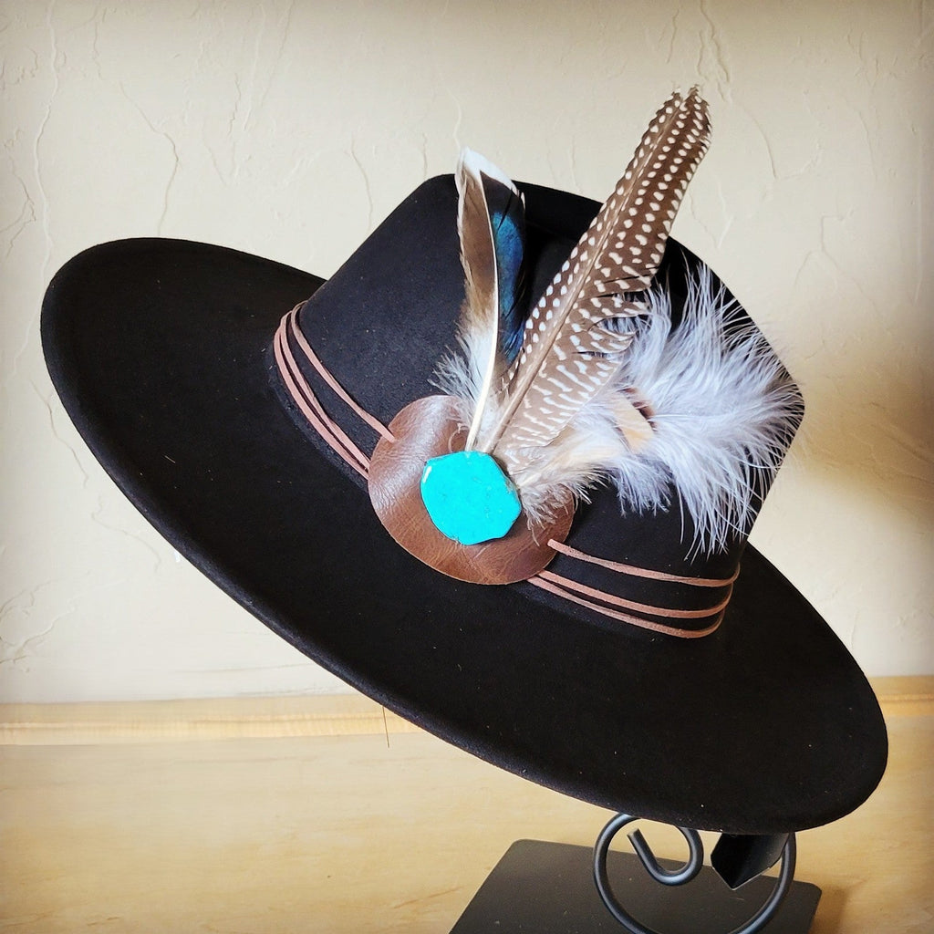 Guinea Marabou Feather Turquoise Slab Band on Black Hat 985y