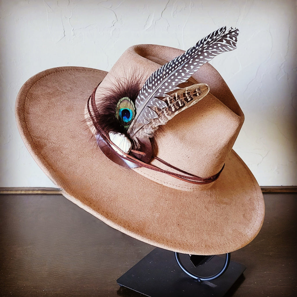 Peacock Guinea Feather & Turquoise Slab Band & Bone Hat 985w