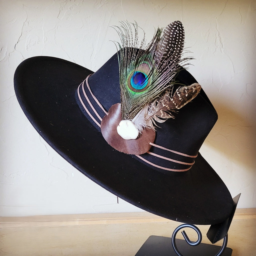 Peacock Guinea Feather & Turquoise Slab Band & Bone Hat 985w