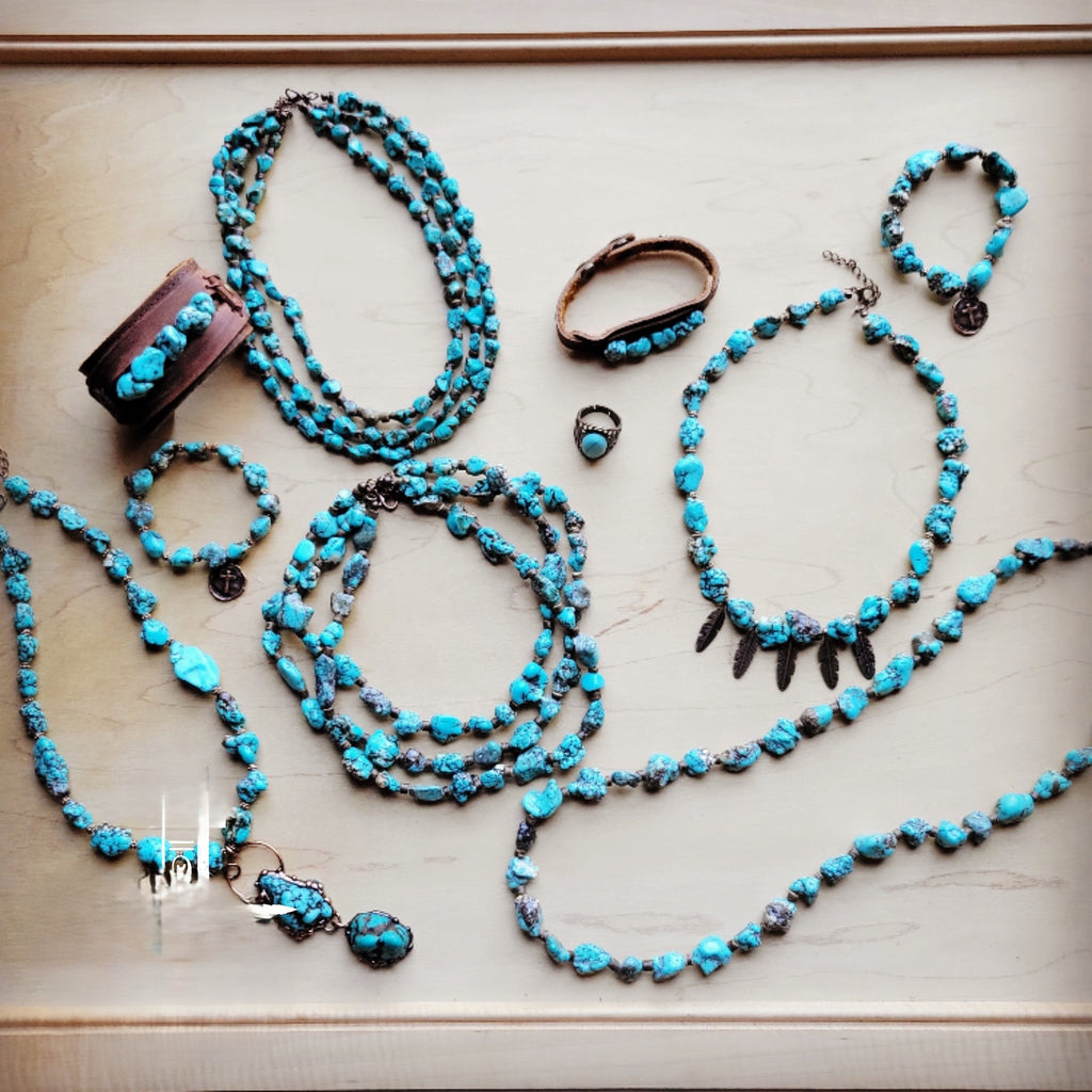 Large Triple Strand Blue Turquoise & Copper Collar Necklace 259d
