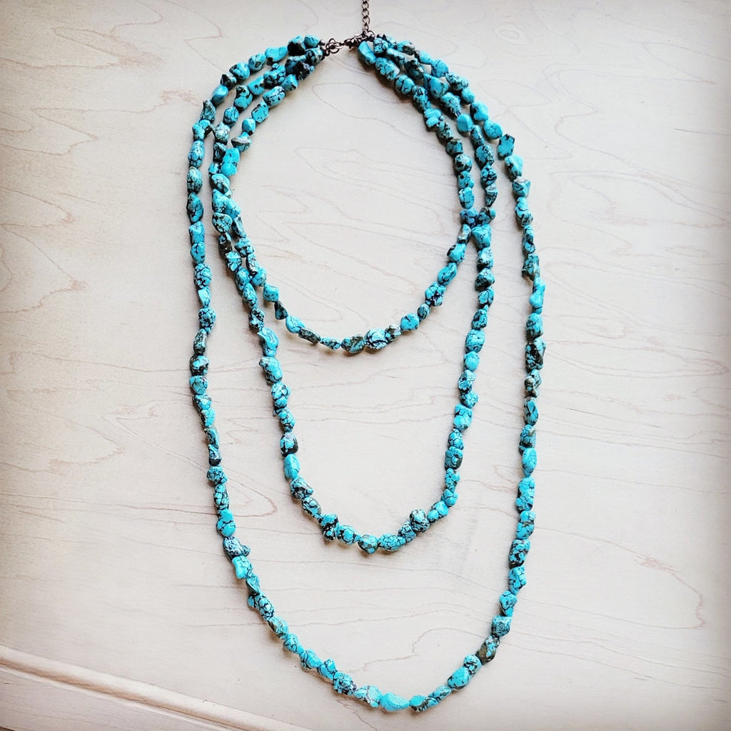 Genuine Blue Turquoise Triple Strand Necklace 259h