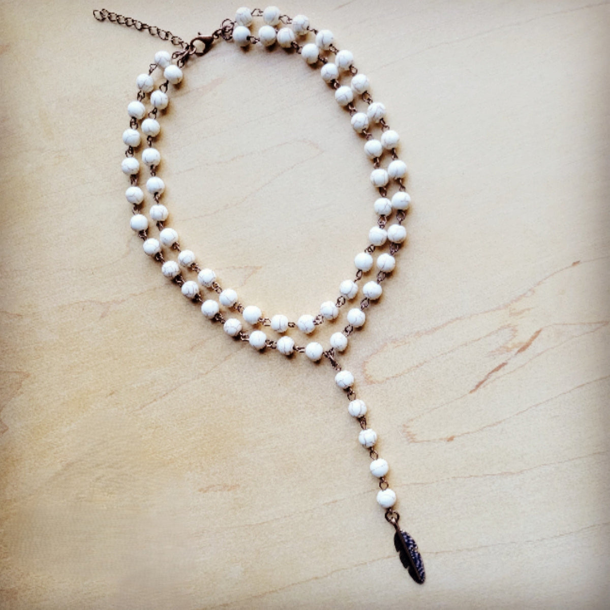 Double Strand Lariat White Turquoise Necklace w/ Copper Feather 259q