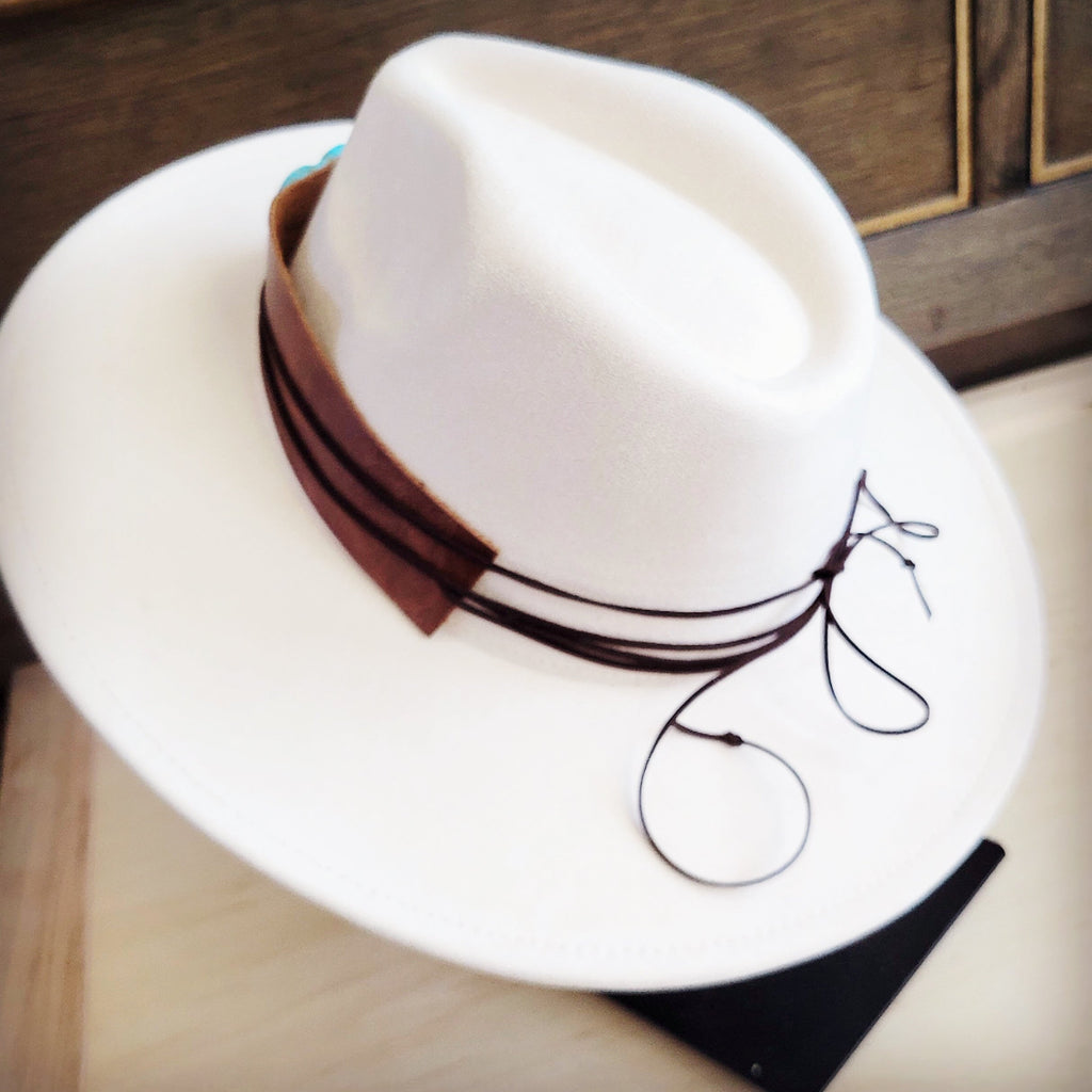**Wide Genuine Leather Cognac Hat Band Only w/ Turq 954m