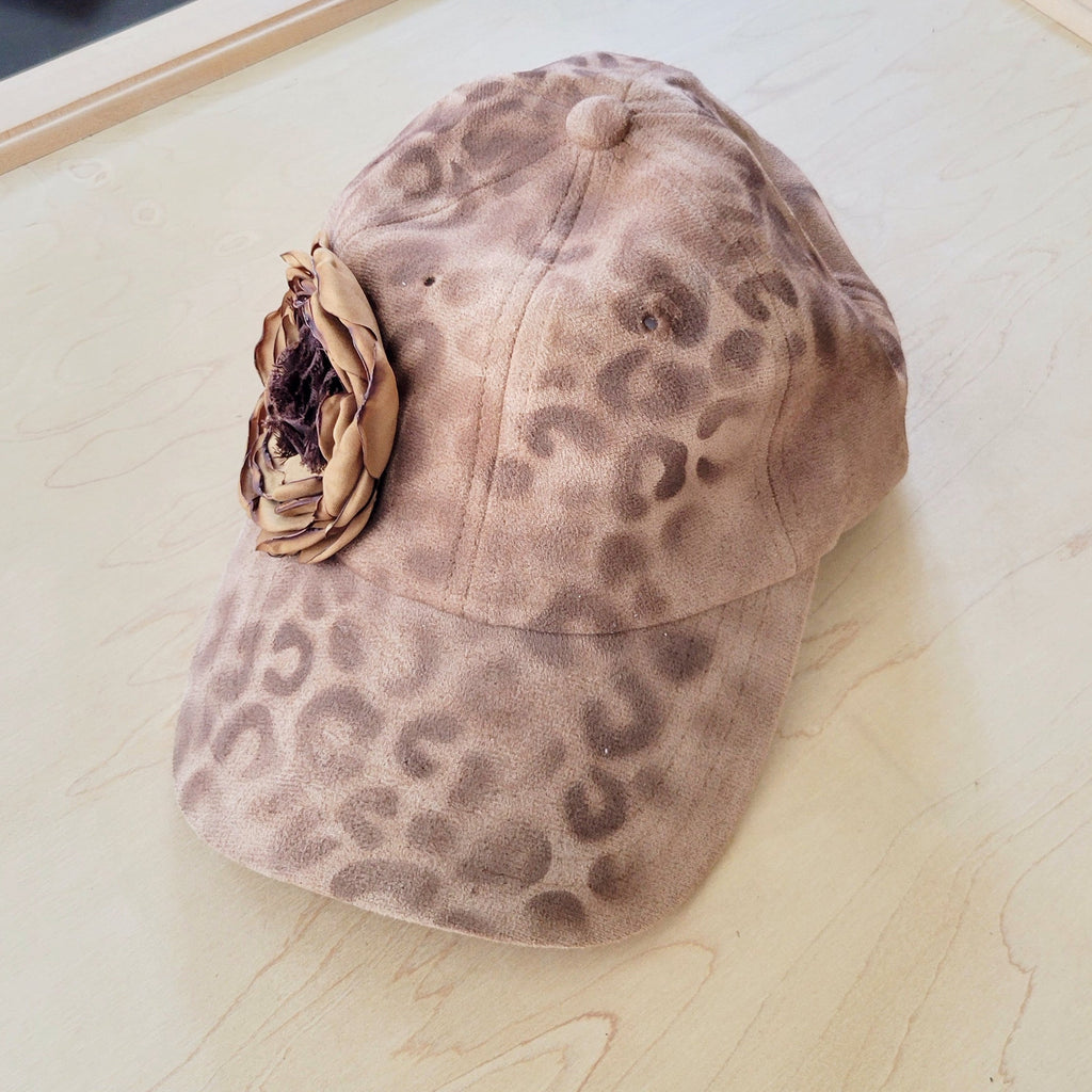 Hand-Painted Leopard Suede Baseball Cap w/ Flowers Tan 986L