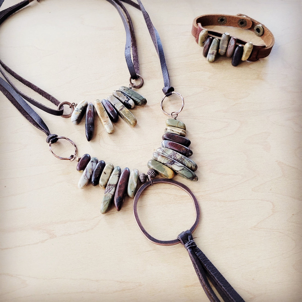 Genuine Leather Narrow Cuff with Picasso Jasper Stones 005h