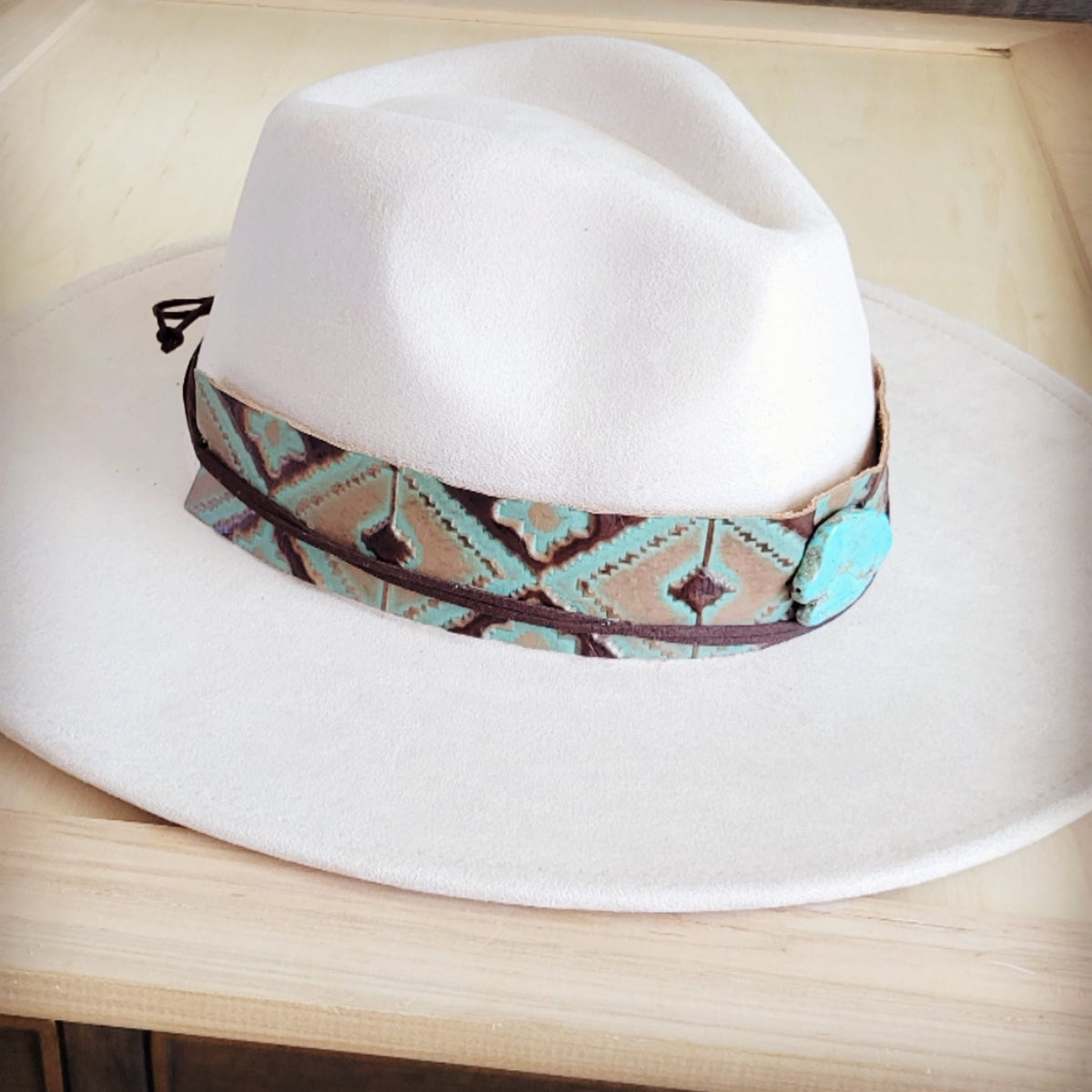**Wide Genuine Leather Turquoise Navajo Hat Band Only w/ Turq 953i