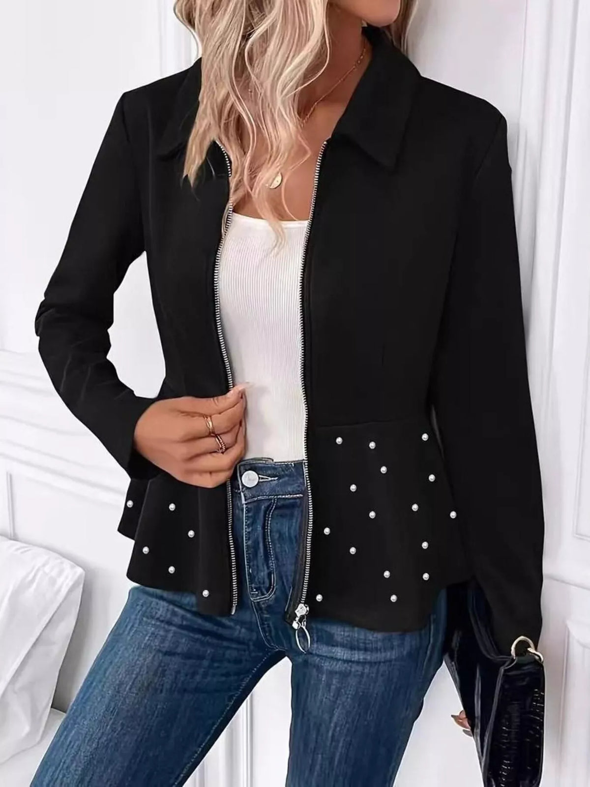 Pearl Embellished Zip-Up Peplum Outerwear