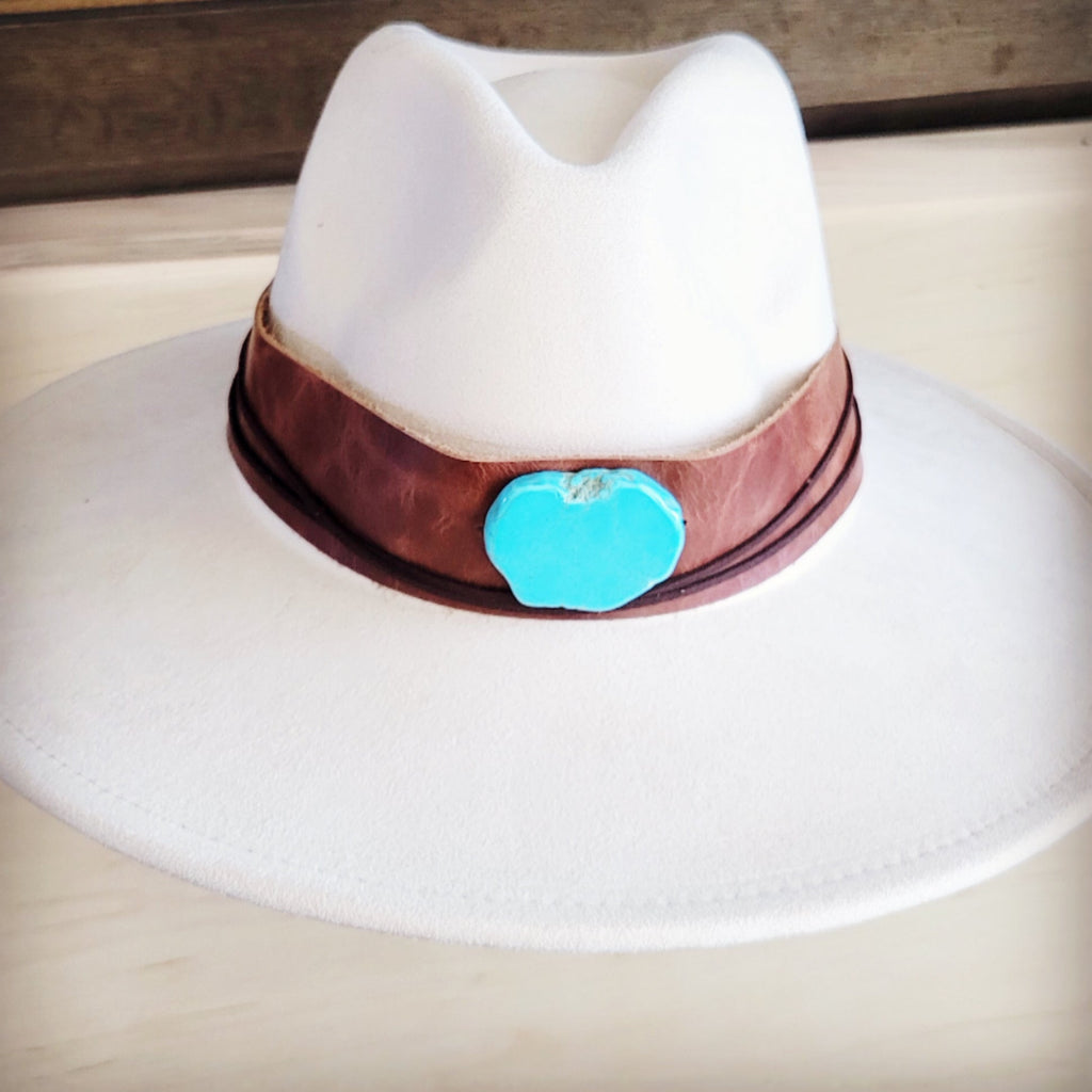 **Wide Genuine Leather Cognac Hat Band Only w/ Turq 954m