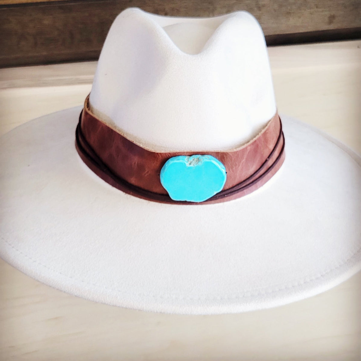 **Wide Genuine Leather Cognac Hat Band Only w/ Turq 954m
