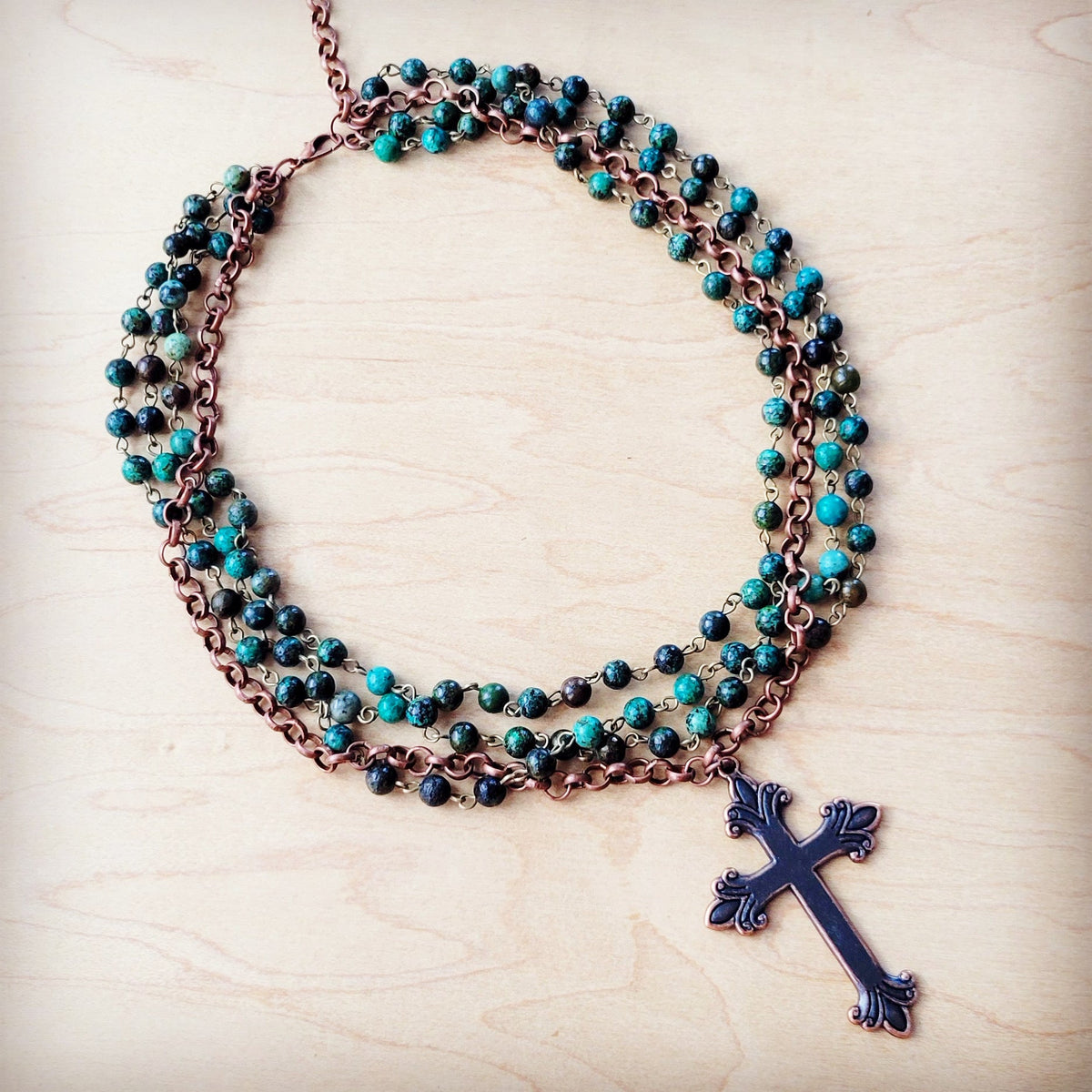 African Turquoise Beaded Collar Necklace w/ Cross Pendant 261c