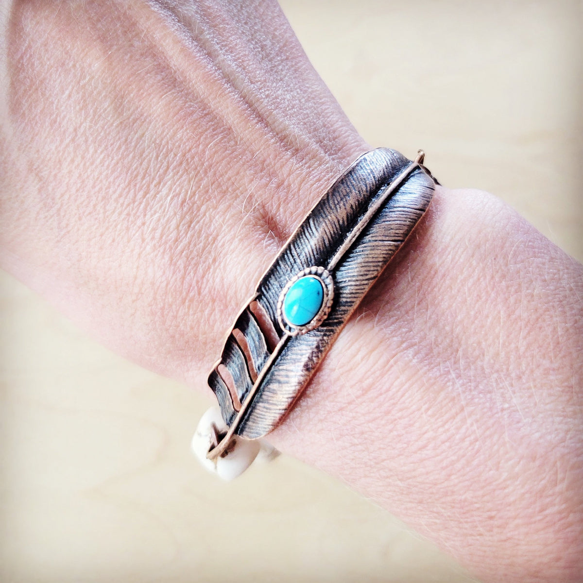White Chunky Turquoise Beaded Bracelet on Copper Feather 810s