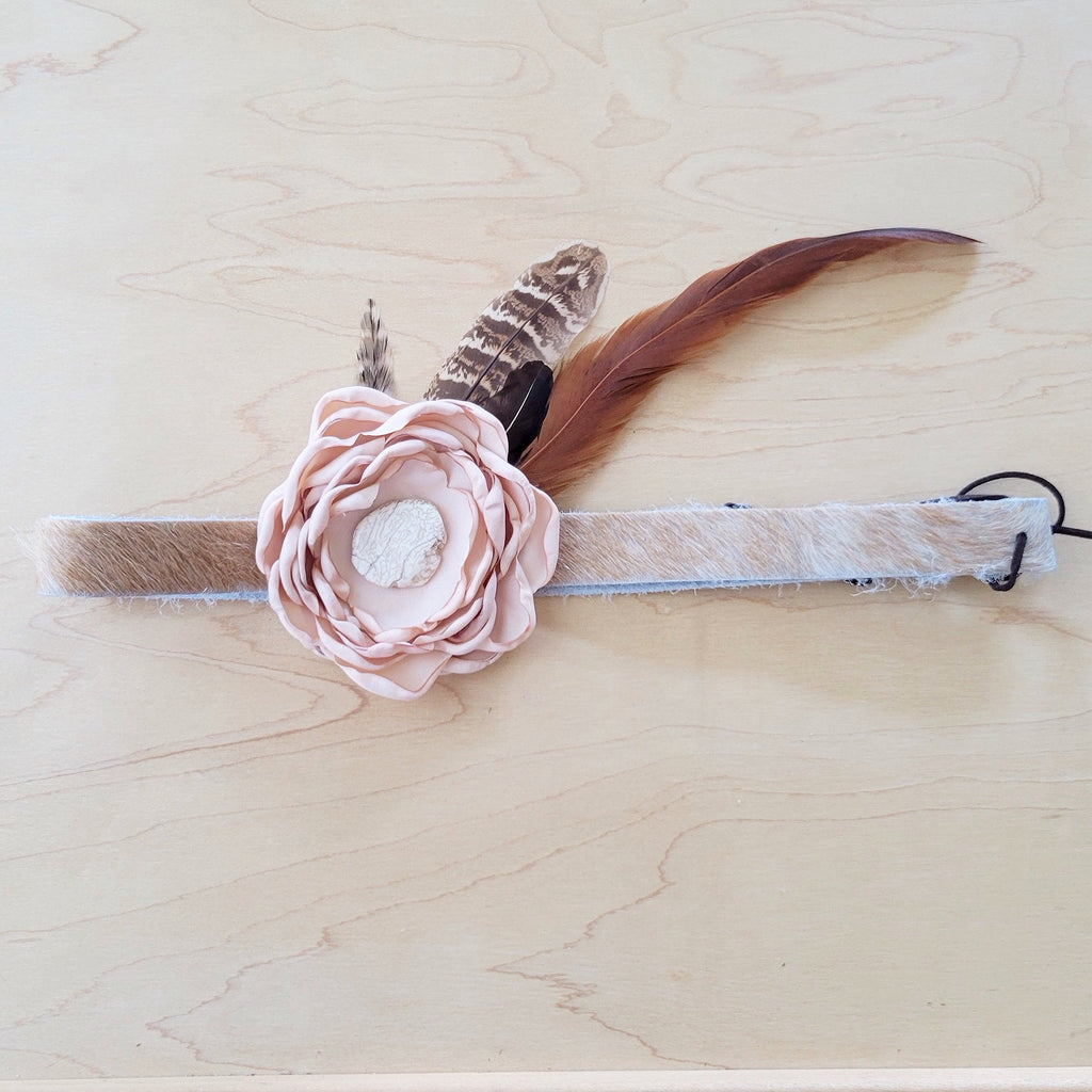 **Leather Hat Band w/ Silk Flower & Feathers-Blush (Band Only) 953a