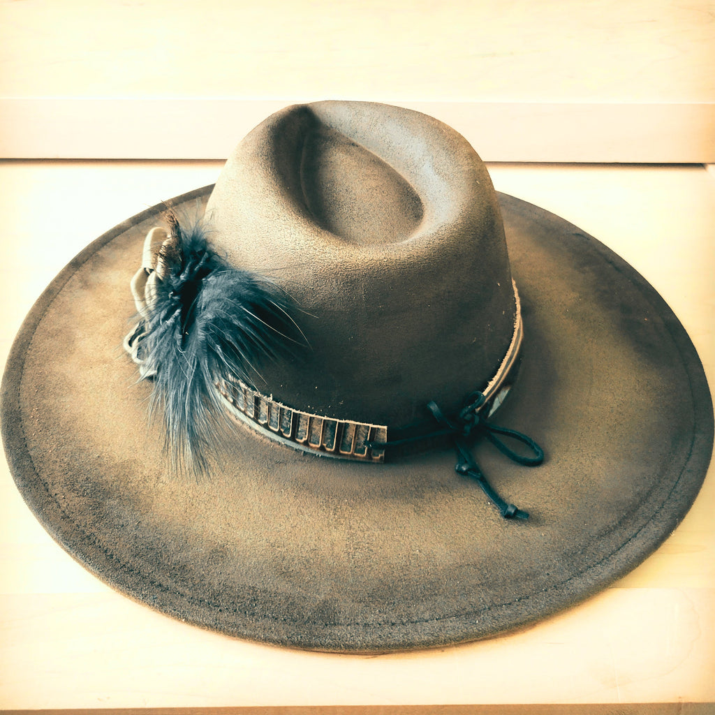 Hand-Painted Distressed Boho Western Cowgirl Hat & Band-Olive 987n