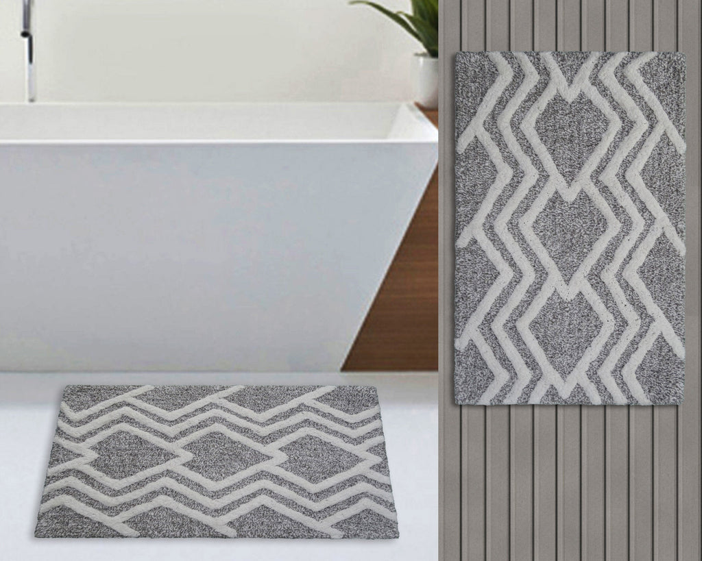 Vibhsa Bath Rug Geometric Pattern in Grey & Ivory