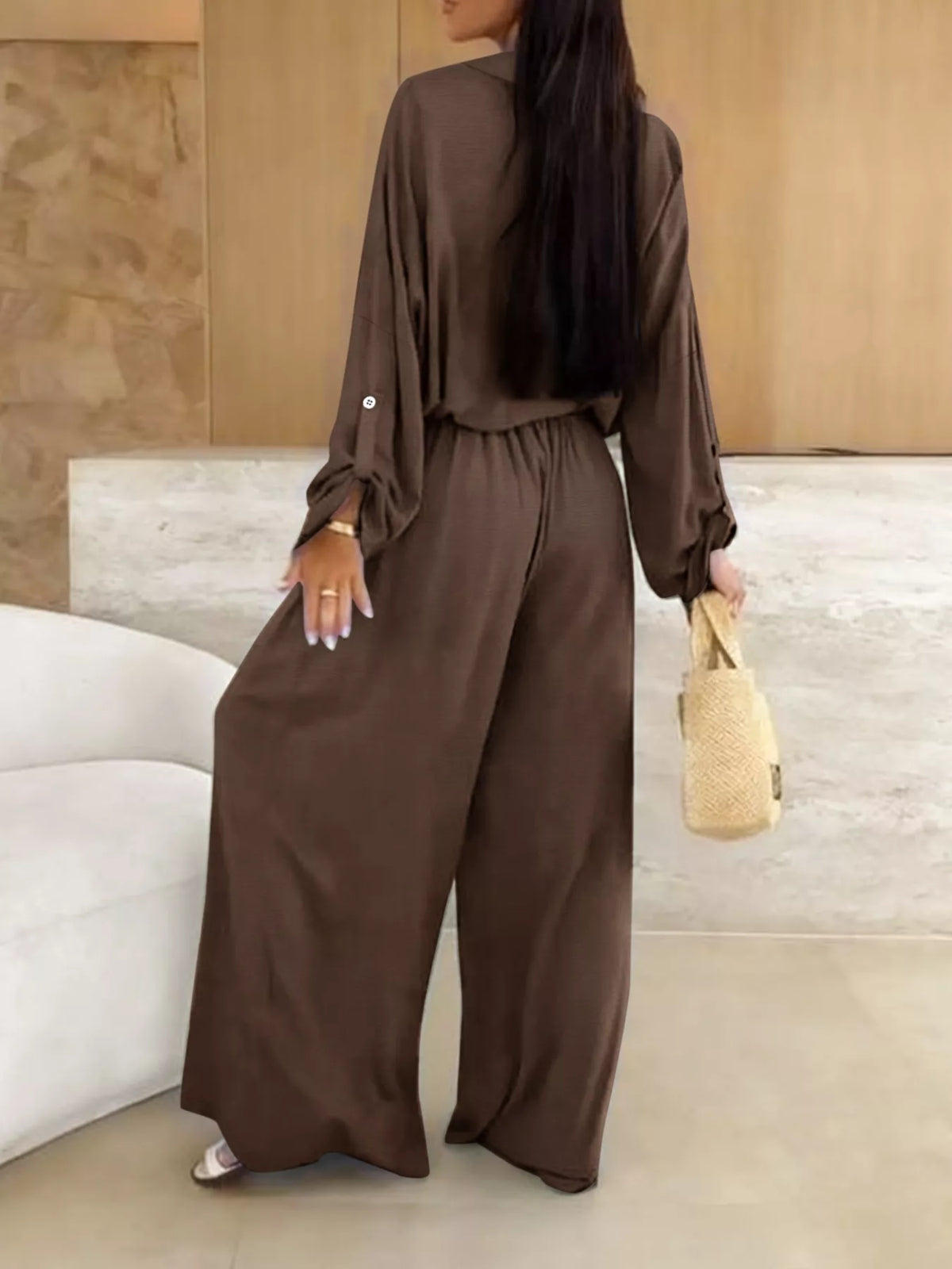 Long Sleeve Shirt and Wide Leg Pants Set