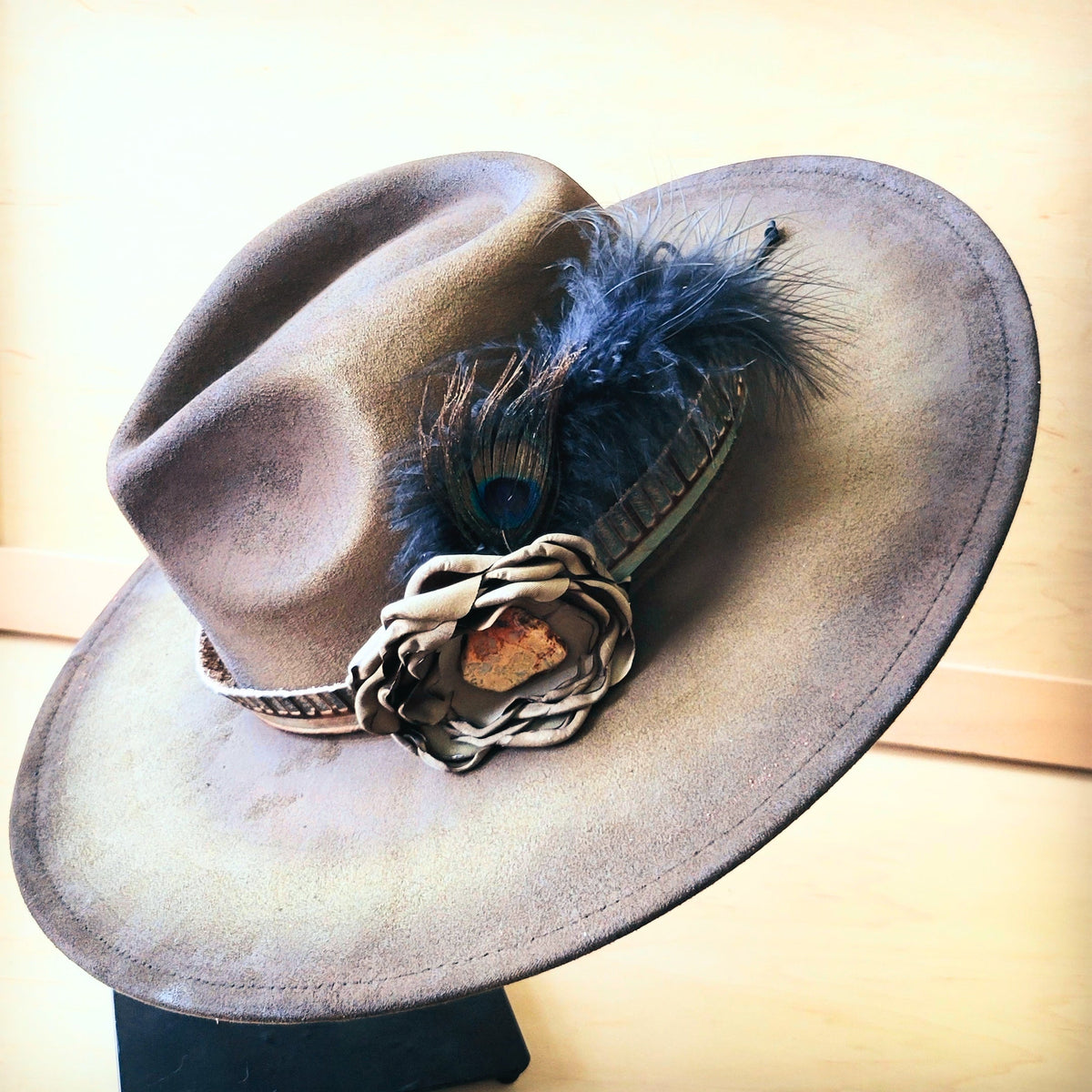 Hand-Painted Distressed Boho Western Cowgirl Hat & Band-Olive 987n