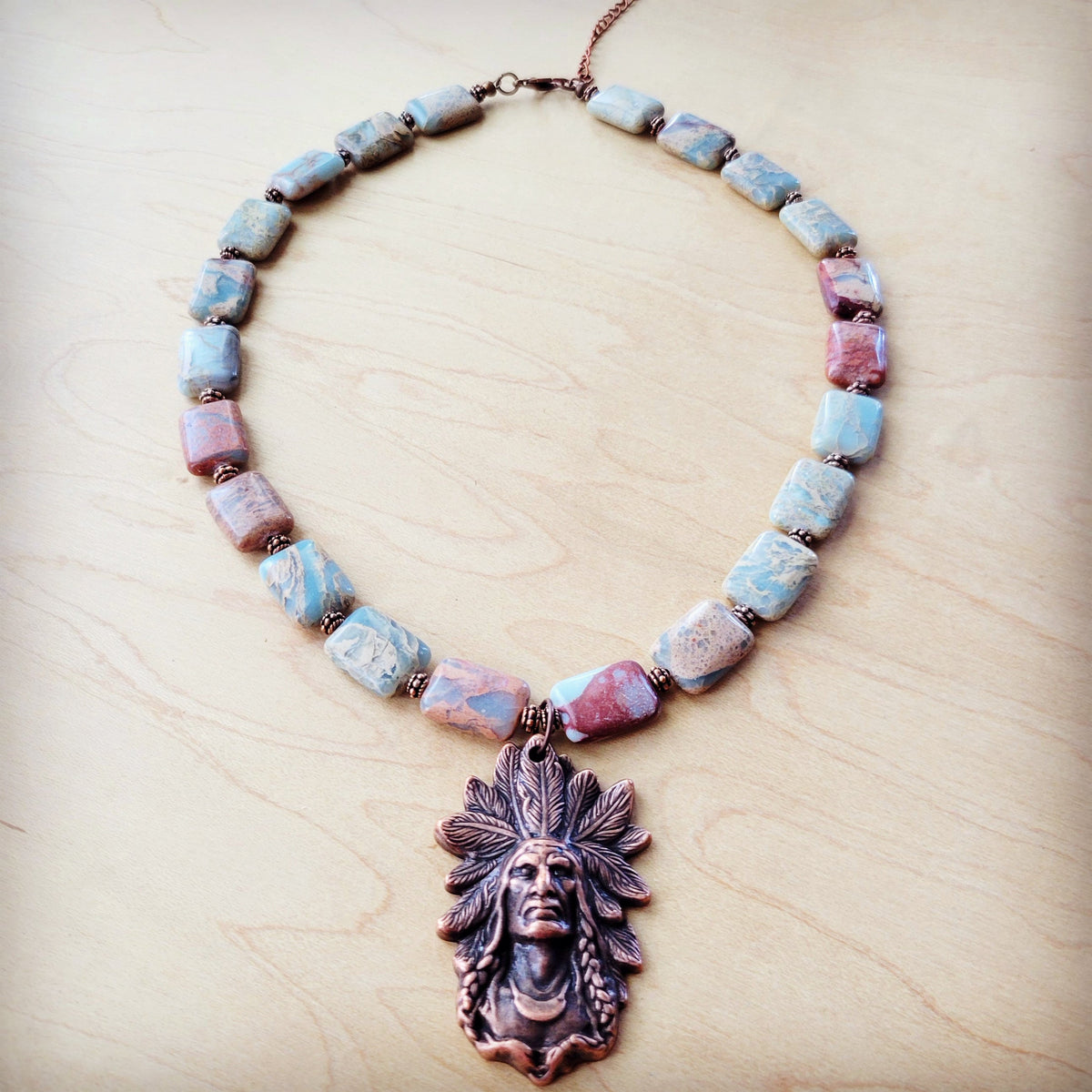 **Genuine Aqua Terra Collar Necklace w/ Copper Indian Pendant 261n