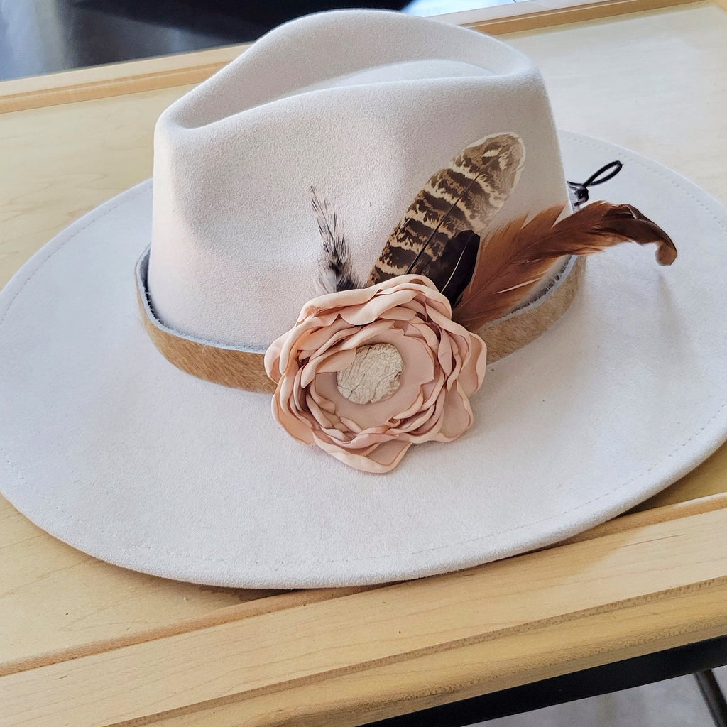 **Leather Hat Band w/ Silk Flower & Feathers-Blush (Band Only) 953a