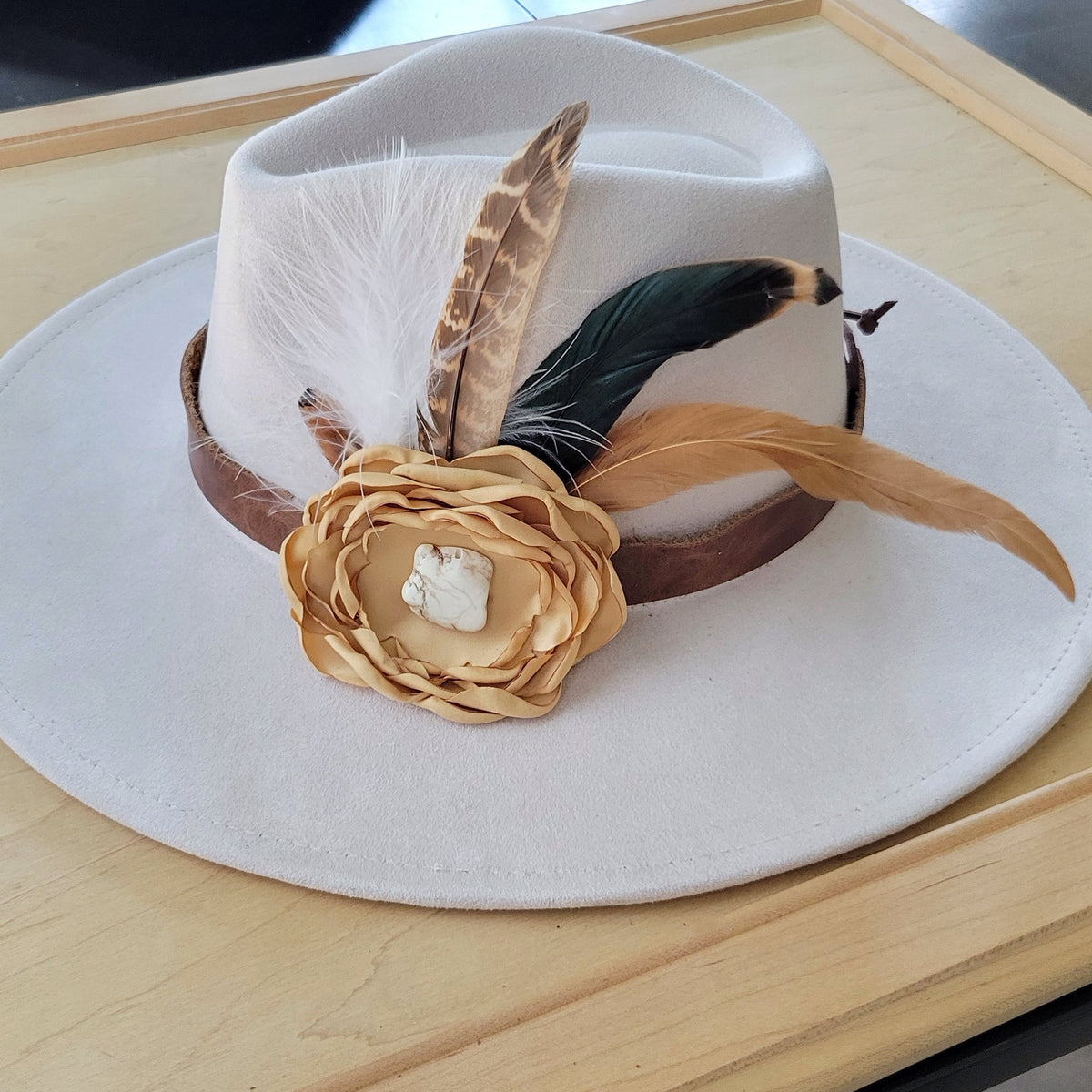 Leather Hat Band w/ Silk Flower & Feathers-Gold (Band Only) 952x