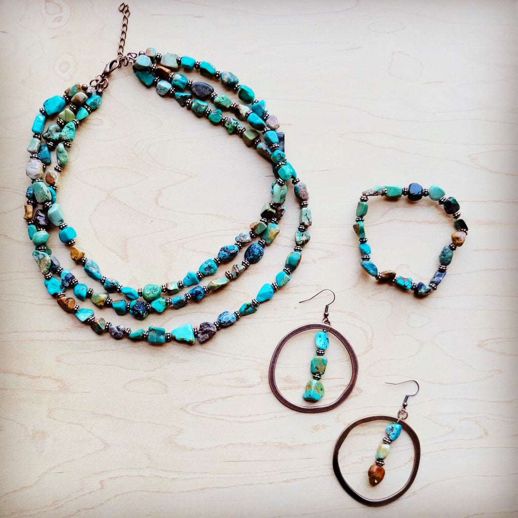 **Genuine HuBei Turquoise & Copper Triple Strand Necklace 259t