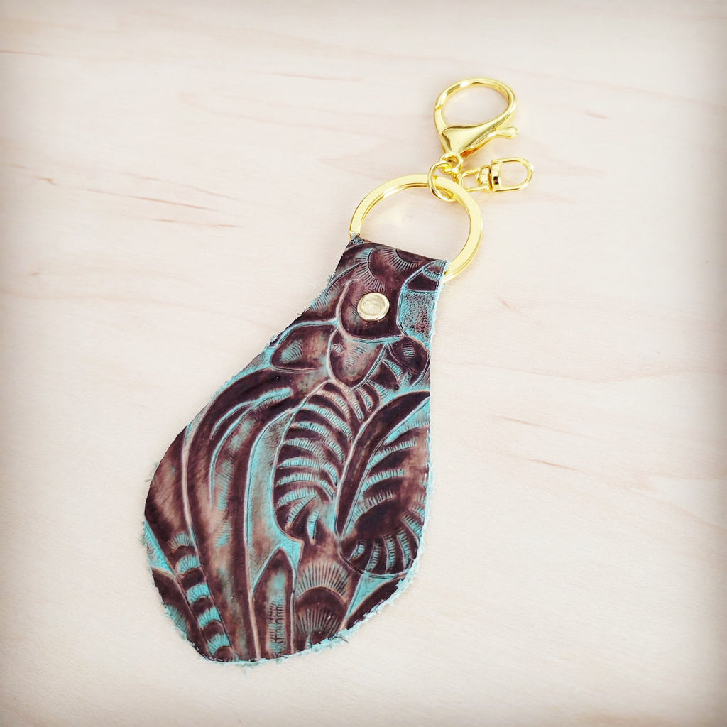 **Embossed Leather Key Chain - Turquoise Brown Floral 700u