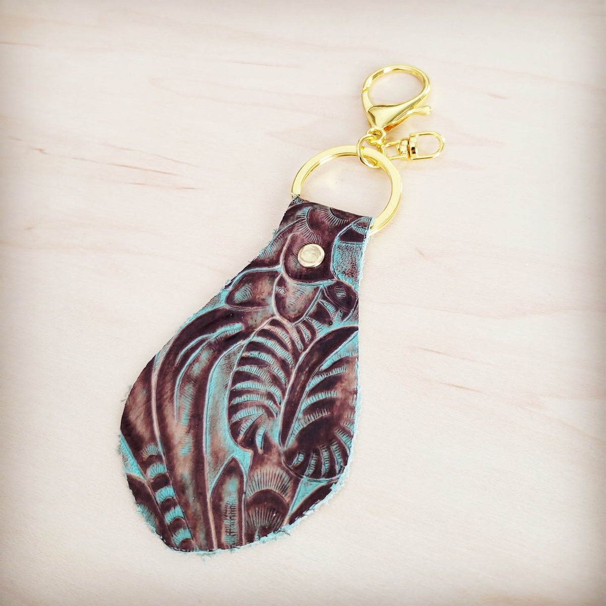 **Embossed Leather Key Chain - Turquoise Brown Floral 700u