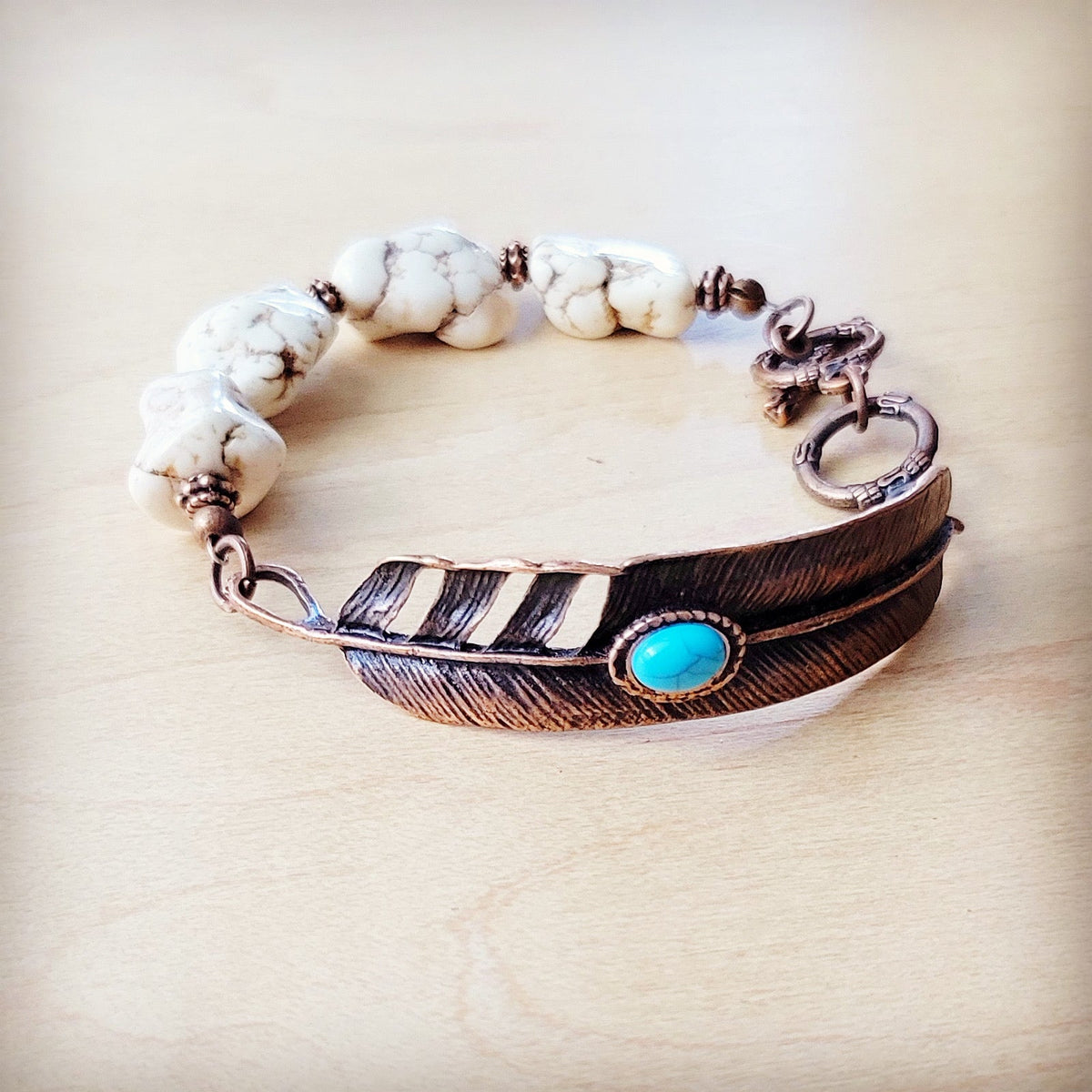 White Chunky Turquoise Beaded Bracelet on Copper Feather 810s