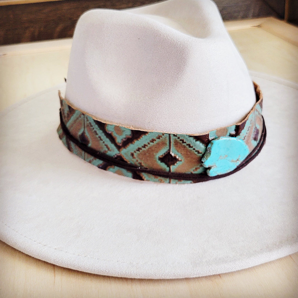 **Wide Genuine Leather Turquoise Navajo Hat Band Only w/ Turq 953i
