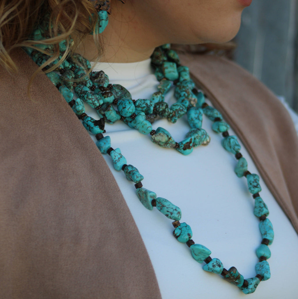 Large Triple Strand Blue Turquoise & Copper Collar Necklace 259d