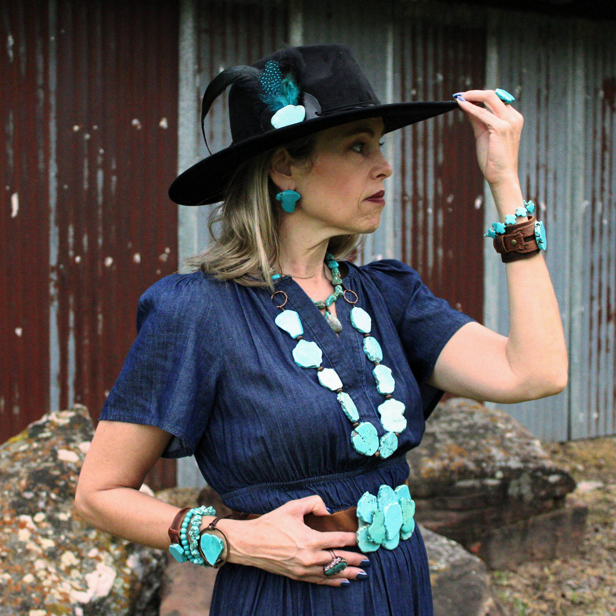**Turquoise Slab Earring Studs-Blue 200bn