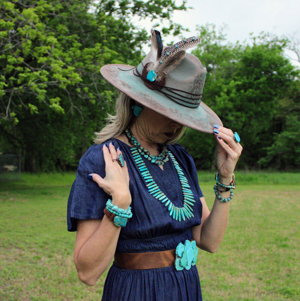 Hand-Painted Leopard Boho Western Cowgirl Hat & Band Turq Brown 987c