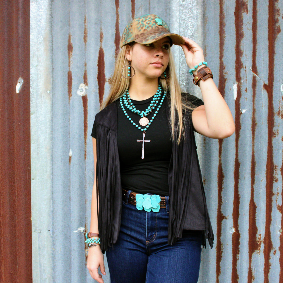 Hand-Painted Leopard Suede Baseball Cap Tan & Turq 986p