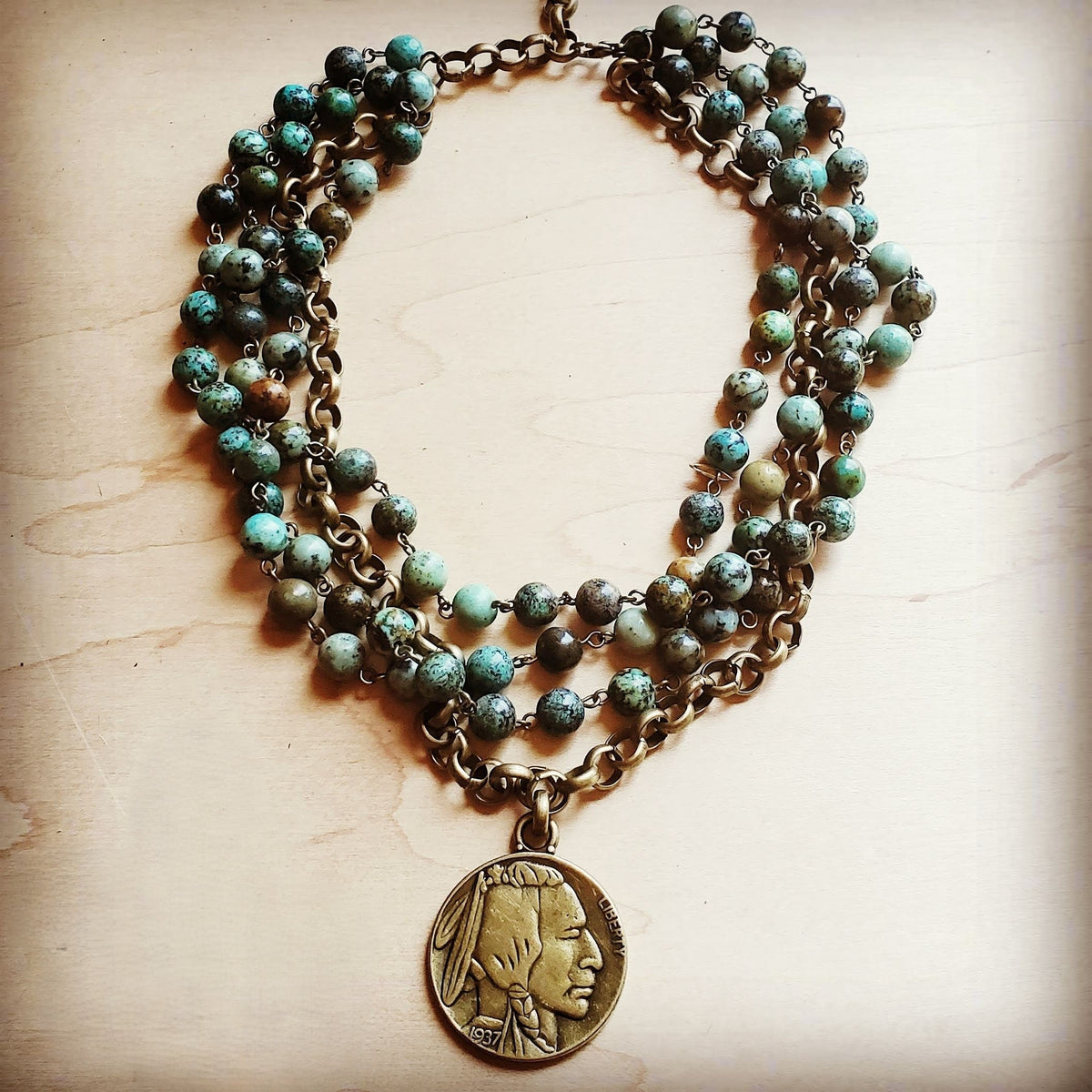 African Turquoise Collar-Length Necklace Indian Buffalo Coin 250t
