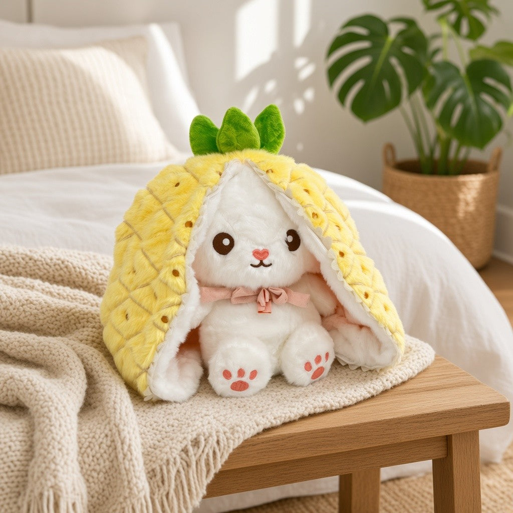 Reversible Strawberry Bunny Plush Toy Soft Polyester Stuffed Animal for Kids Hide and Seek Transforming Toy