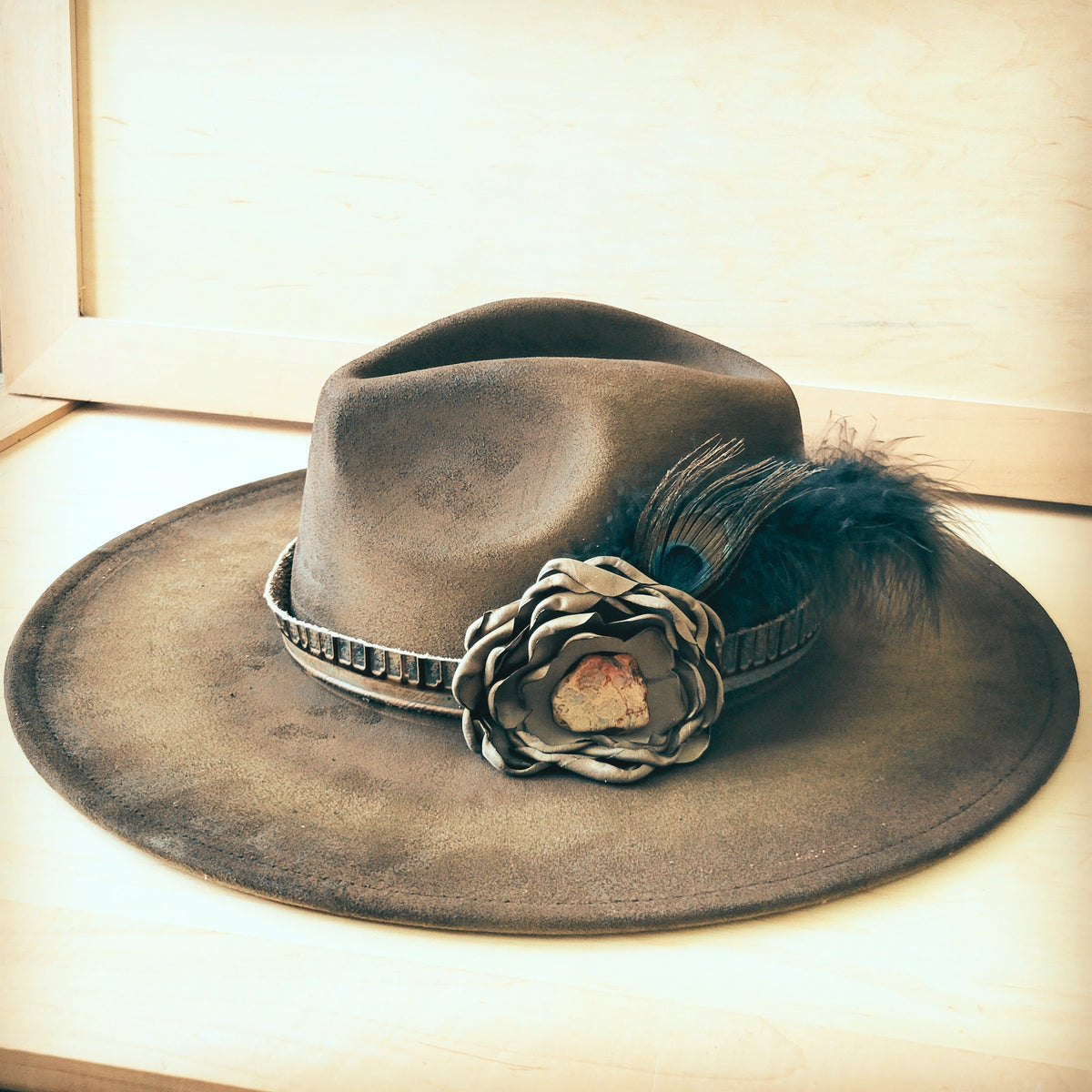 Hand-Painted Distressed Boho Western Cowgirl Hat & Band-Olive 987n