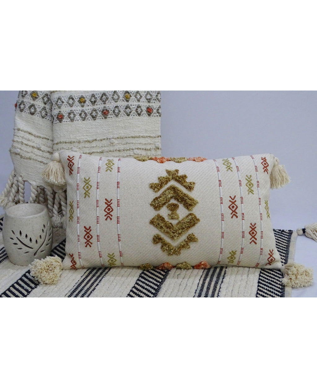 Vibhsa Embroidered Lumbar Pillow 14x24 with Tassels, Ivory & Mustard