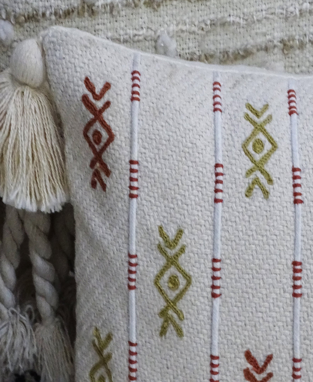 Vibhsa Embroidered Lumbar Pillow 14x24 with Tassels, Ivory & Mustard