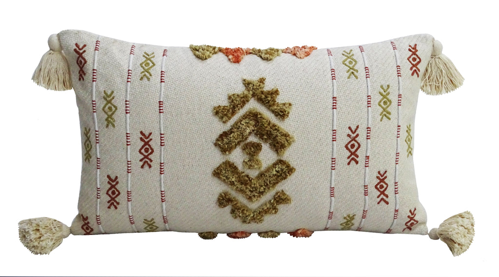 Vibhsa Embroidered Lumbar Pillow 14x24 with Tassels, Ivory & Mustard