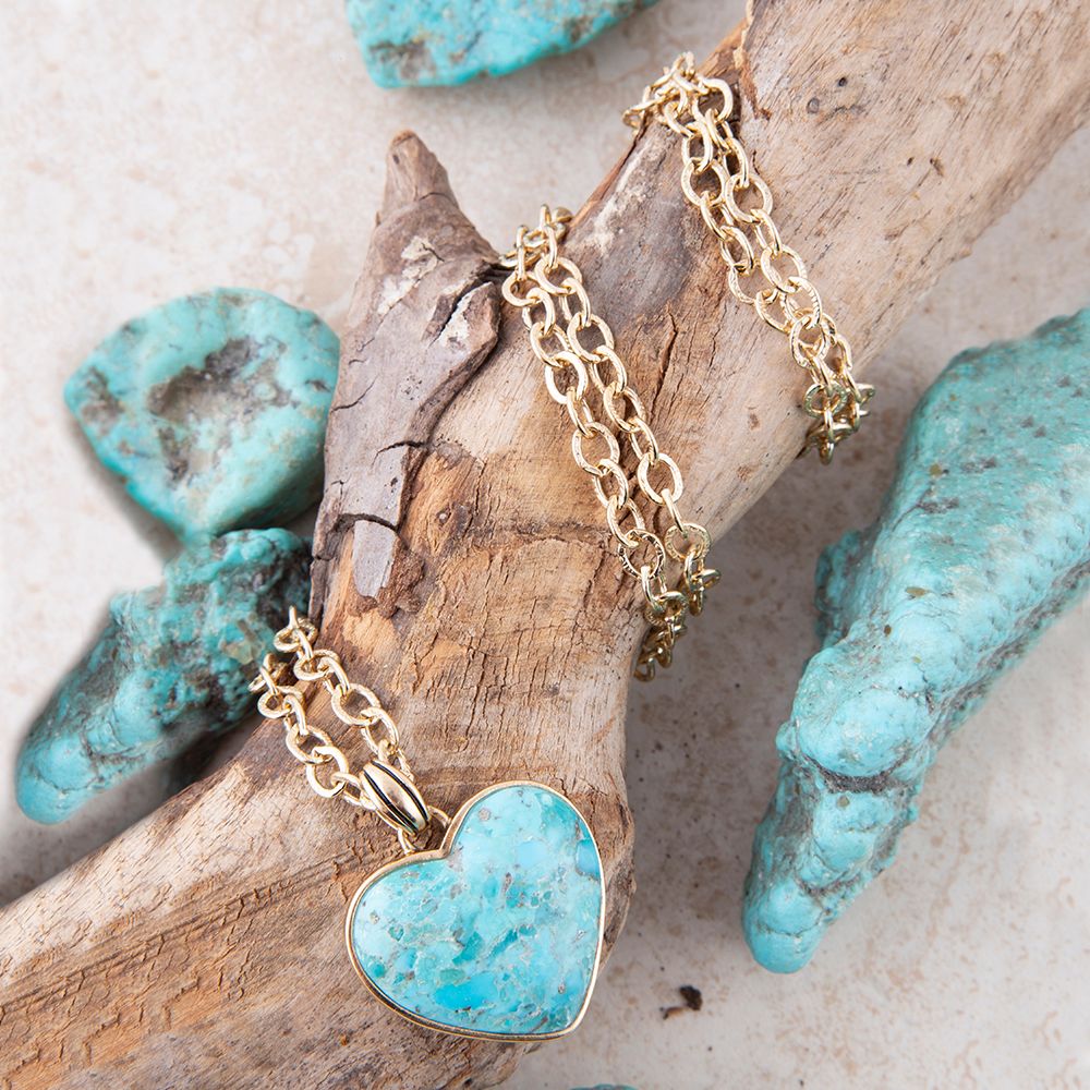 Blue Turquoise Heart Pendant Golden Necklace