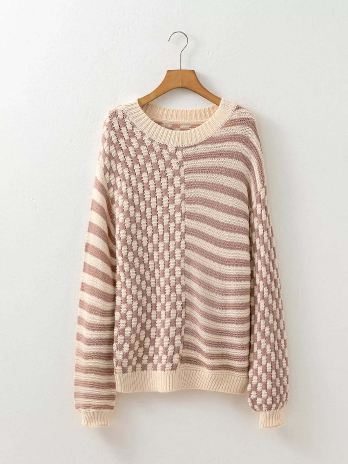 Checkerboard & Striped Pattern Knit Sweater