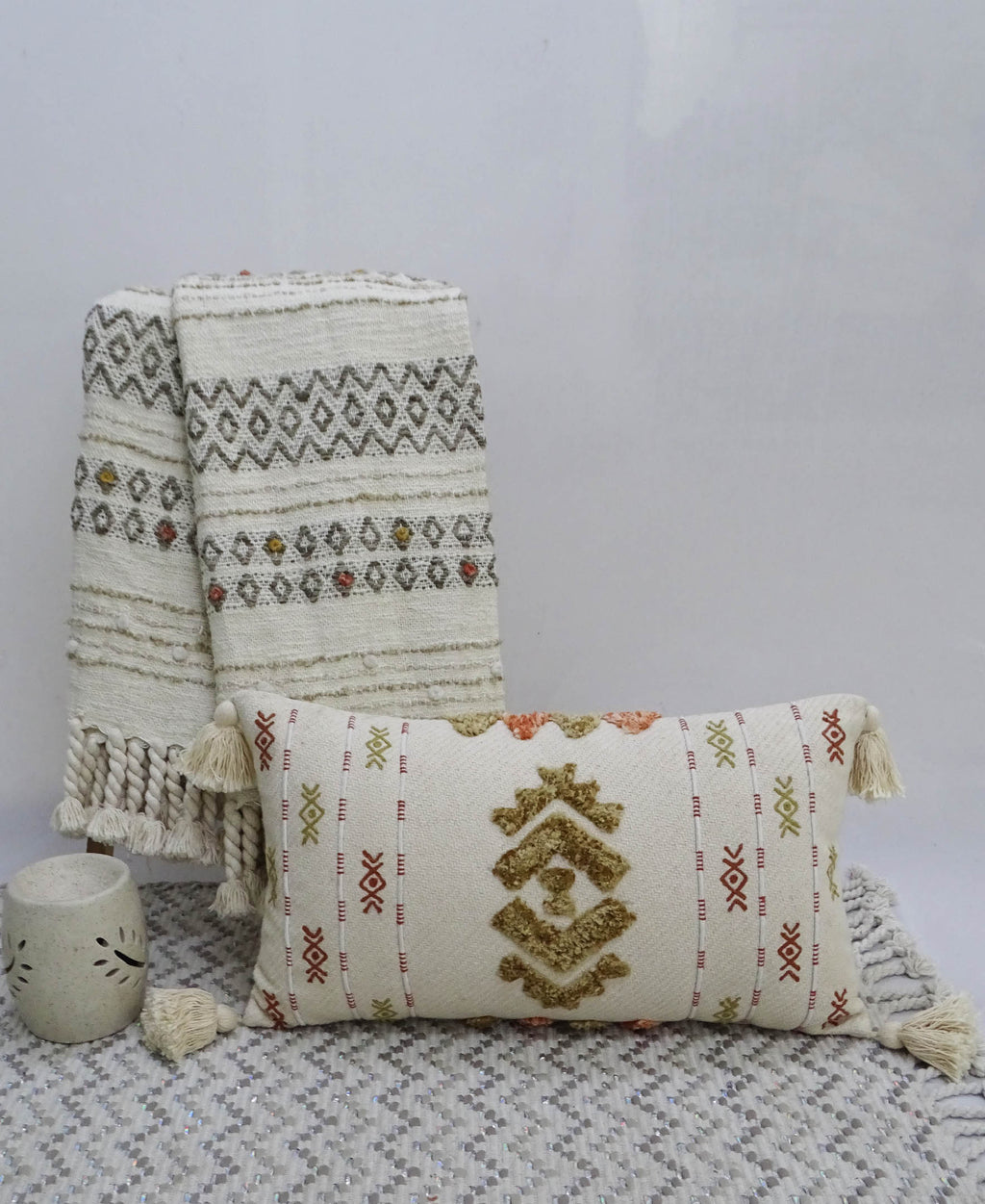 Vibhsa Embroidered Lumbar Pillow 14x24 with Tassels, Ivory & Mustard