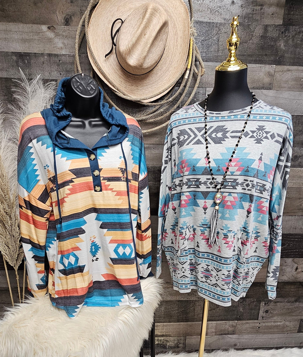Smoky Mountain Gray Aztec Print Tunic with Pockets Made in America
